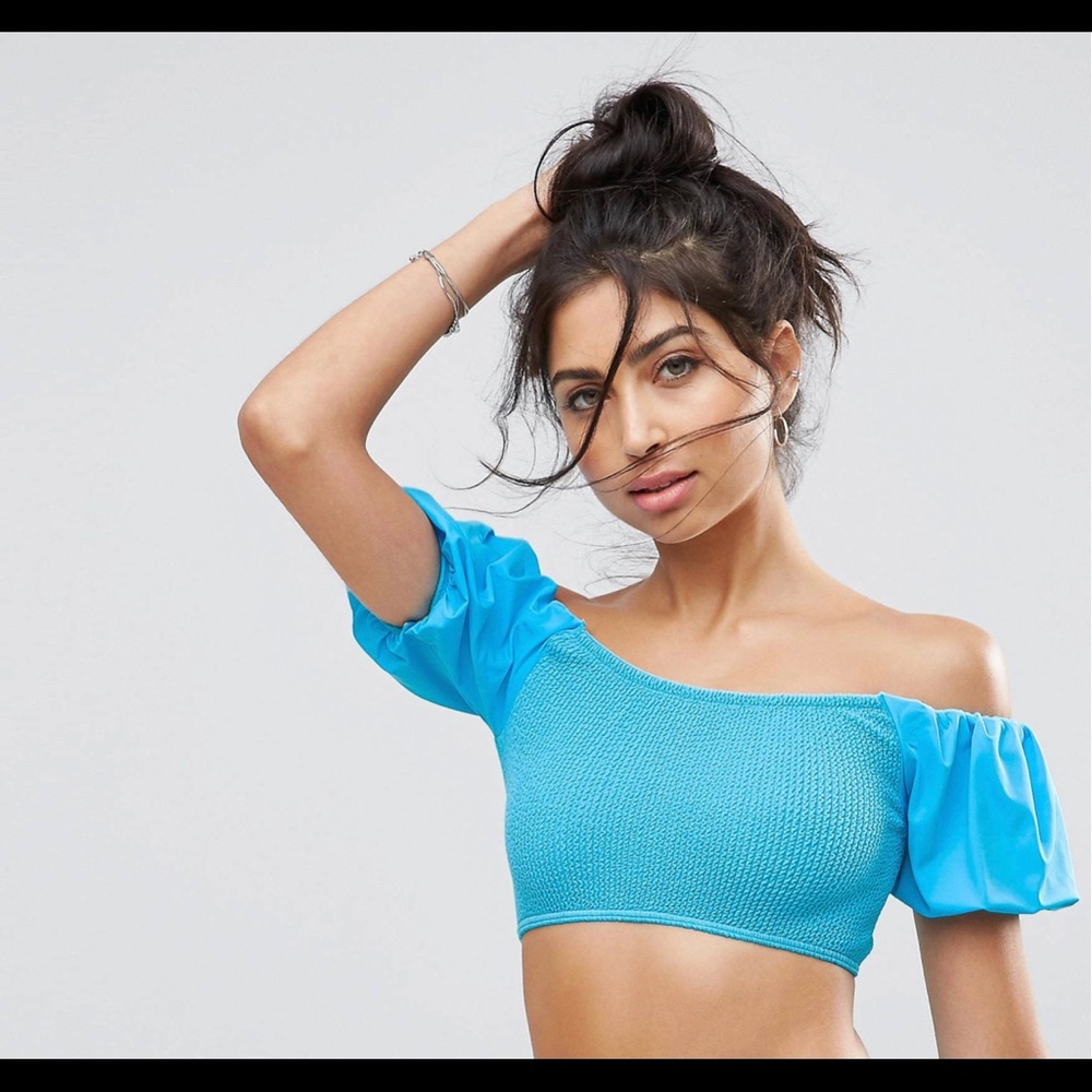 🏝Beach Bundle🏝 ASOS DESIGN 80s Puff Sleeve Bardot Crinkle Bikini Top